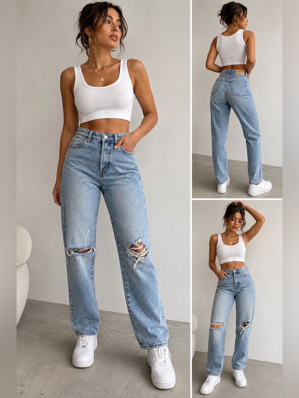 H&M Distressed Mom Jeans Ultra High Waist Light Wash Denim Size 2